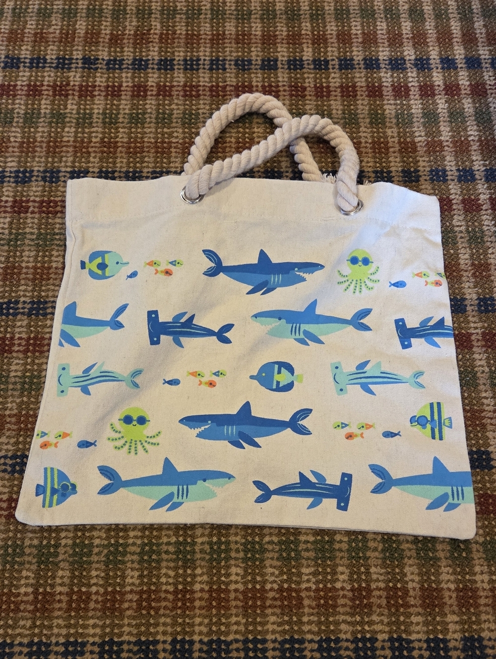 Cute Kawaii Summer Sea Shark Octopus Fish Kid Youth Canvas Tote Bag Blue Green